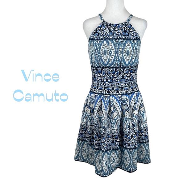 Vince Camuto Blue White Print Fit & Flare Party Date Night Dress NWOT Size 6 - Picture 2 of 14